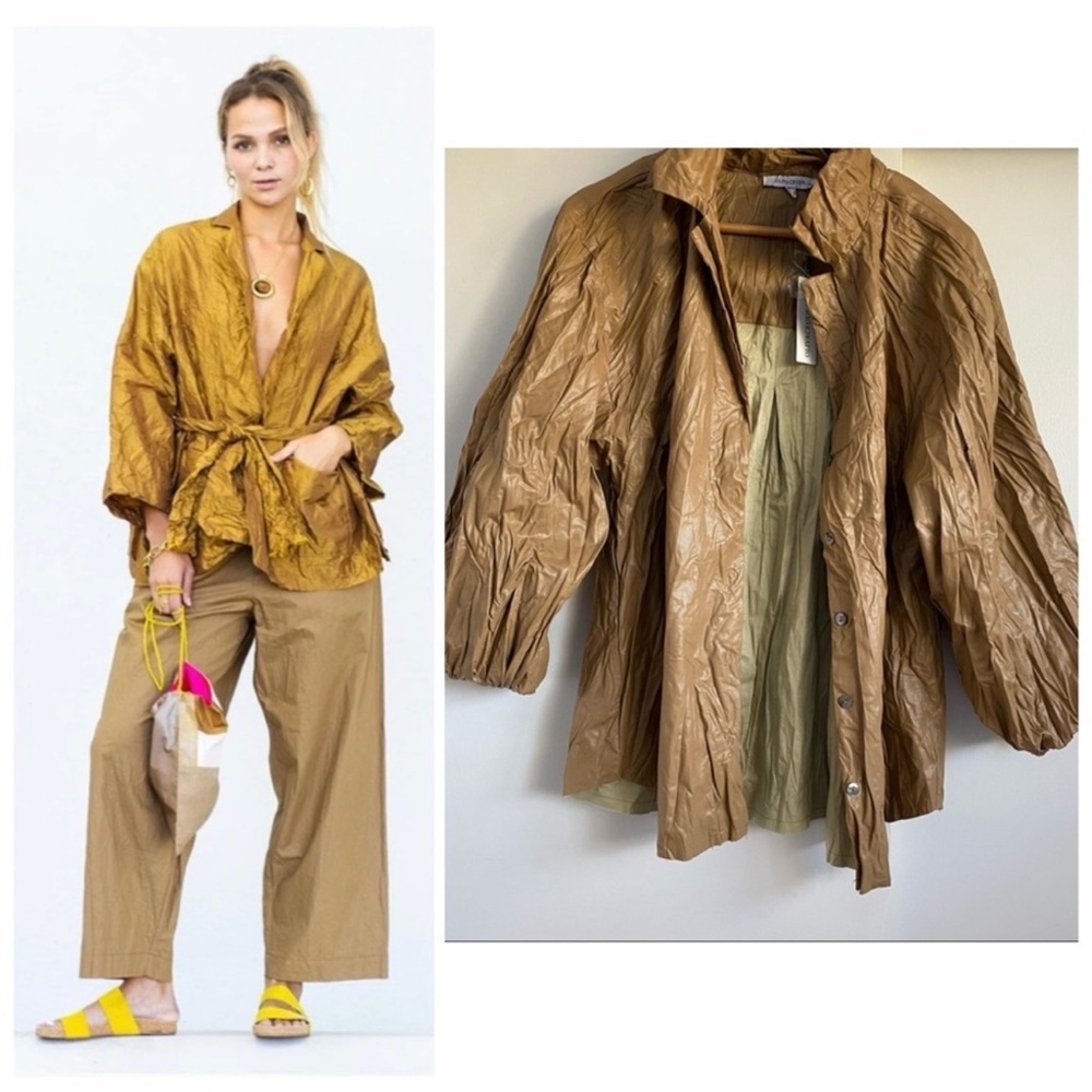 Olivaceous Tan Colour Creased Faux Leather Button Up Women's Jacket Size L